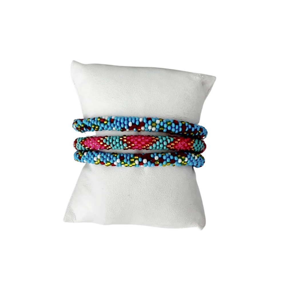 Beaded Bracelets Handmade in Nepal Set of 3-Turquoise Mix - Picture 3 of 3